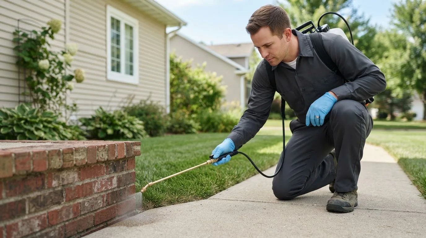 Pest control technician treating a home near Marengo, IL